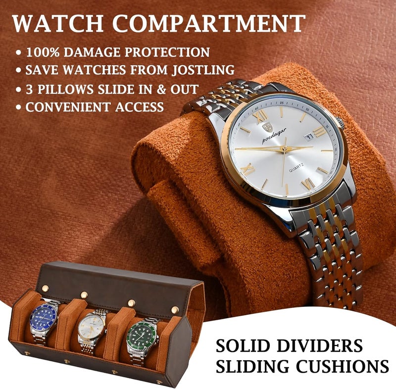 ROSELLE Luxury Leather Watch Roll Travel Case for Men and Women,Travel Watch Case Holds 3 Watches Storage & Display,Designed for steel watch bands &leather metal rubber and bracelets (3 Slot-Hexagon, Brown) - Image 4